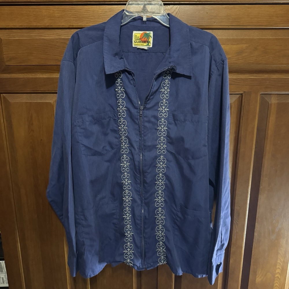 Haband Guayabera Embroidered Men's XXL Zip Front Shirt Long Sleeve Pockets Navy‎